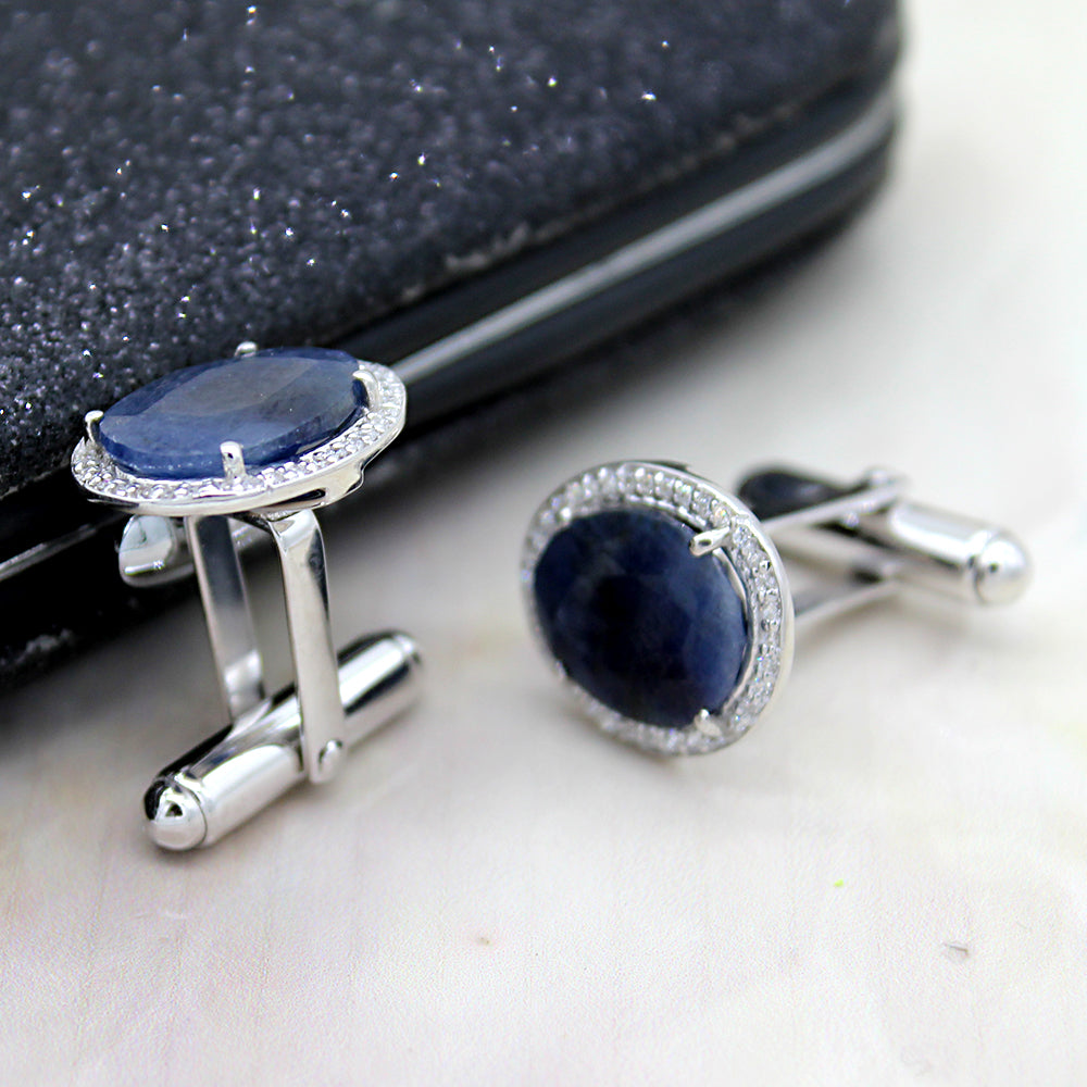 Sapphire Cufflinks, 925 Sterling Silver Cufflinks, Natural selling Blue Sapphire And Diamonds Cufflink, Minimalist Cufflink's, Engagement Gift